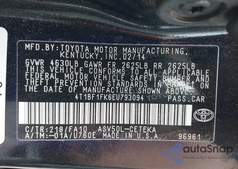 2014 Toyota Camry L/Le/Se/Se Sport/Xle from USA, damaged, VIN 4T1BF1FK6EU793094